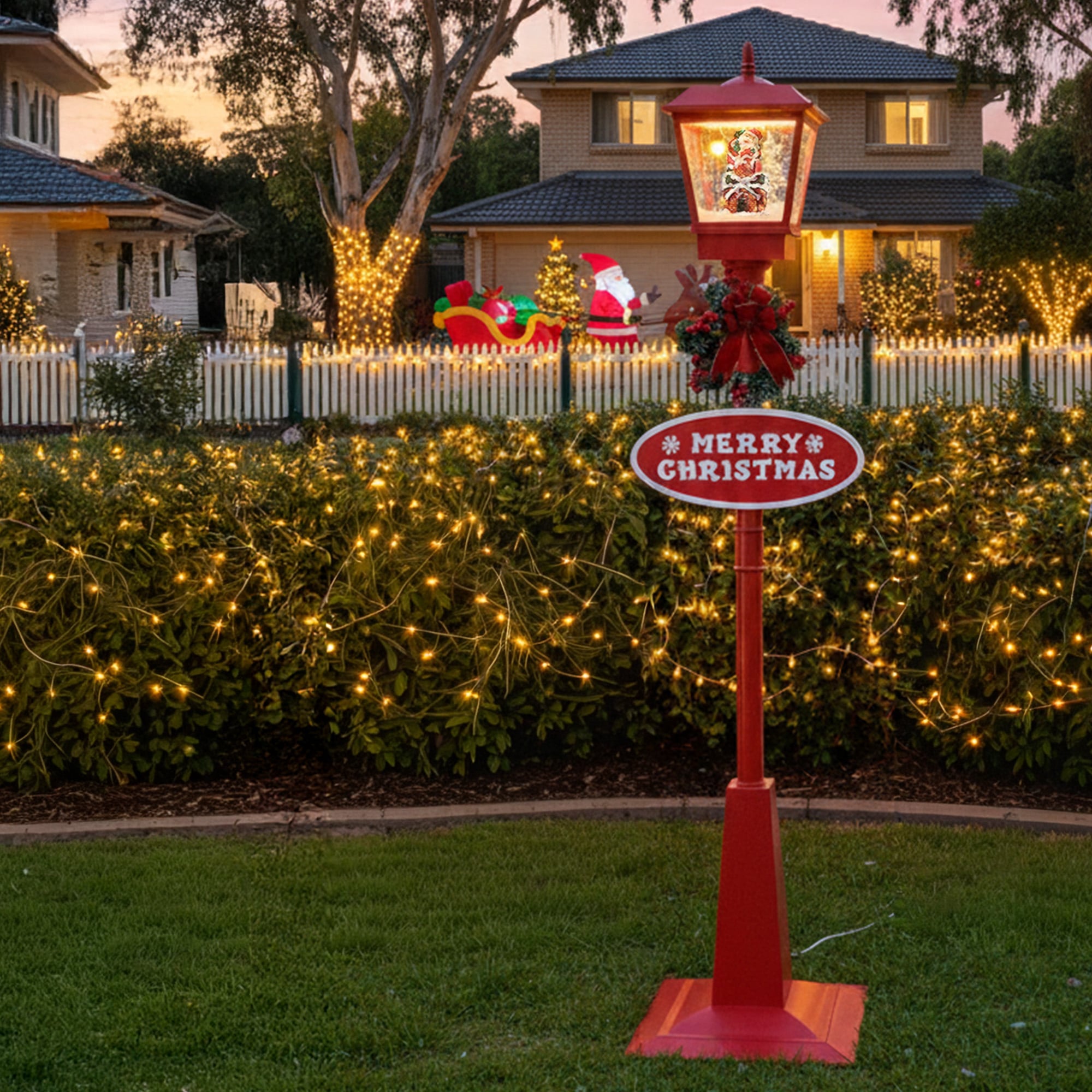 Christmas Lamp Post with Snow, Lights & Music- Red with Santa 180cm