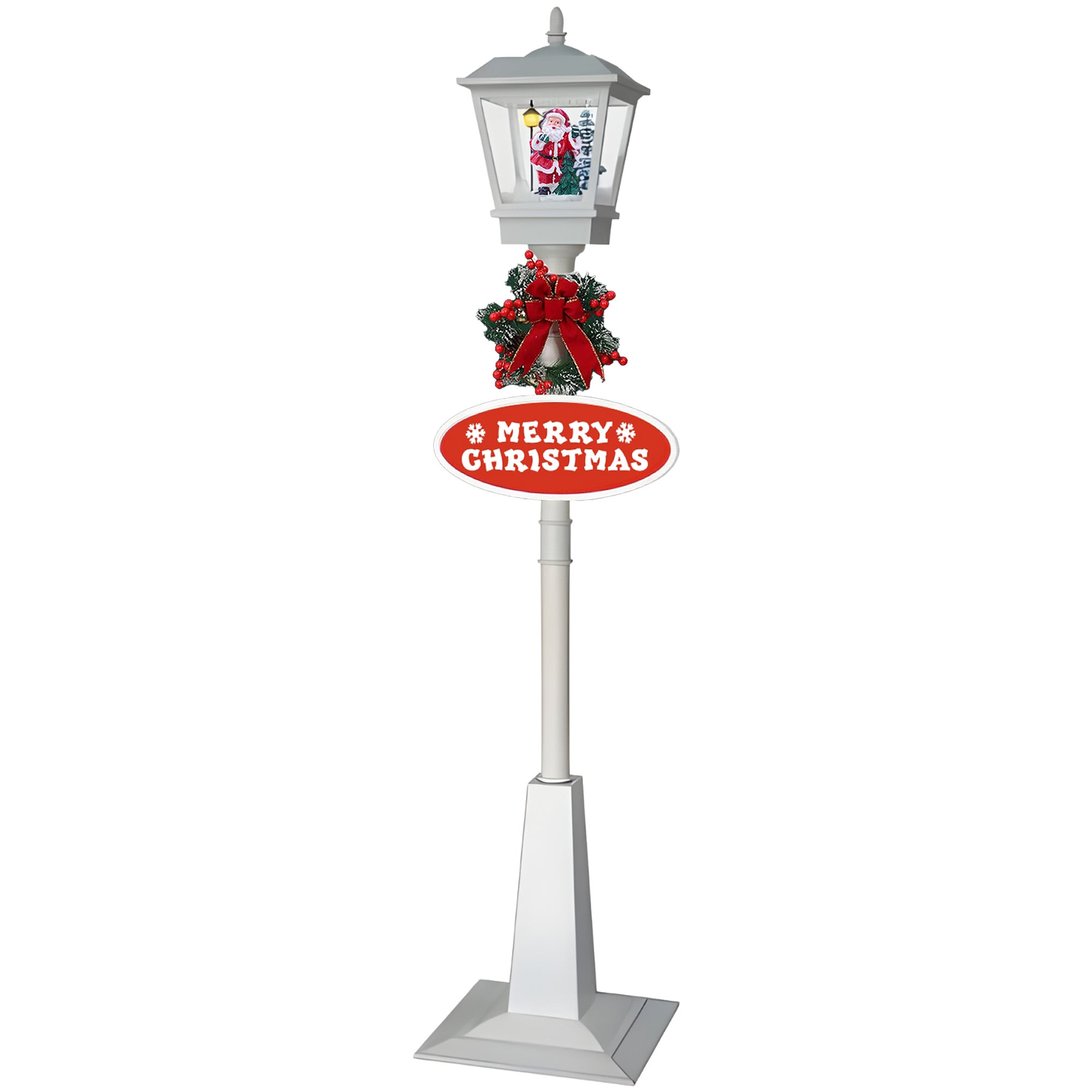 Christmas Lamp Post with Snow, Lights & Music- White with Santa 180cm