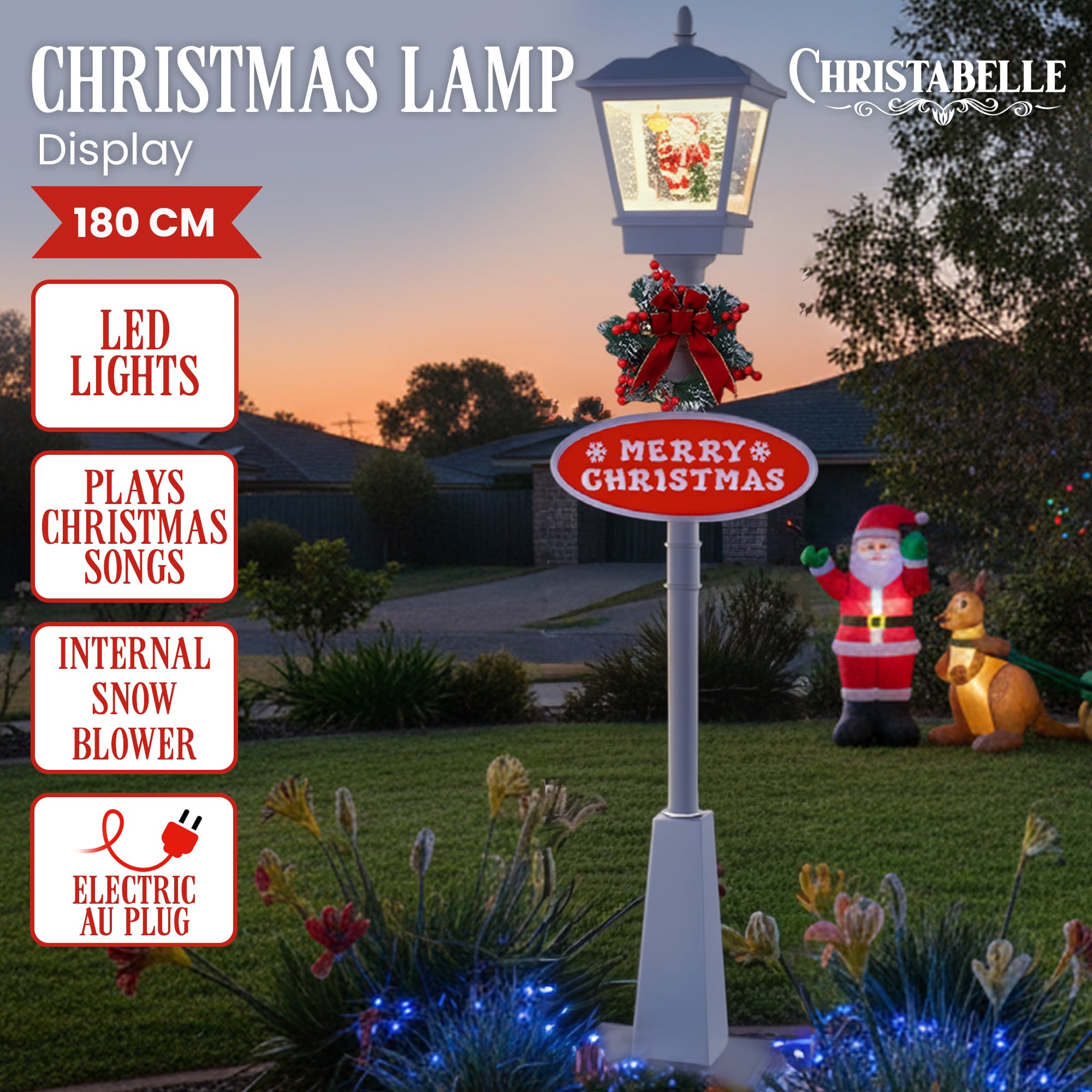 Christmas Lamp Post with Snow, Lights & Music- White with Santa 180cm