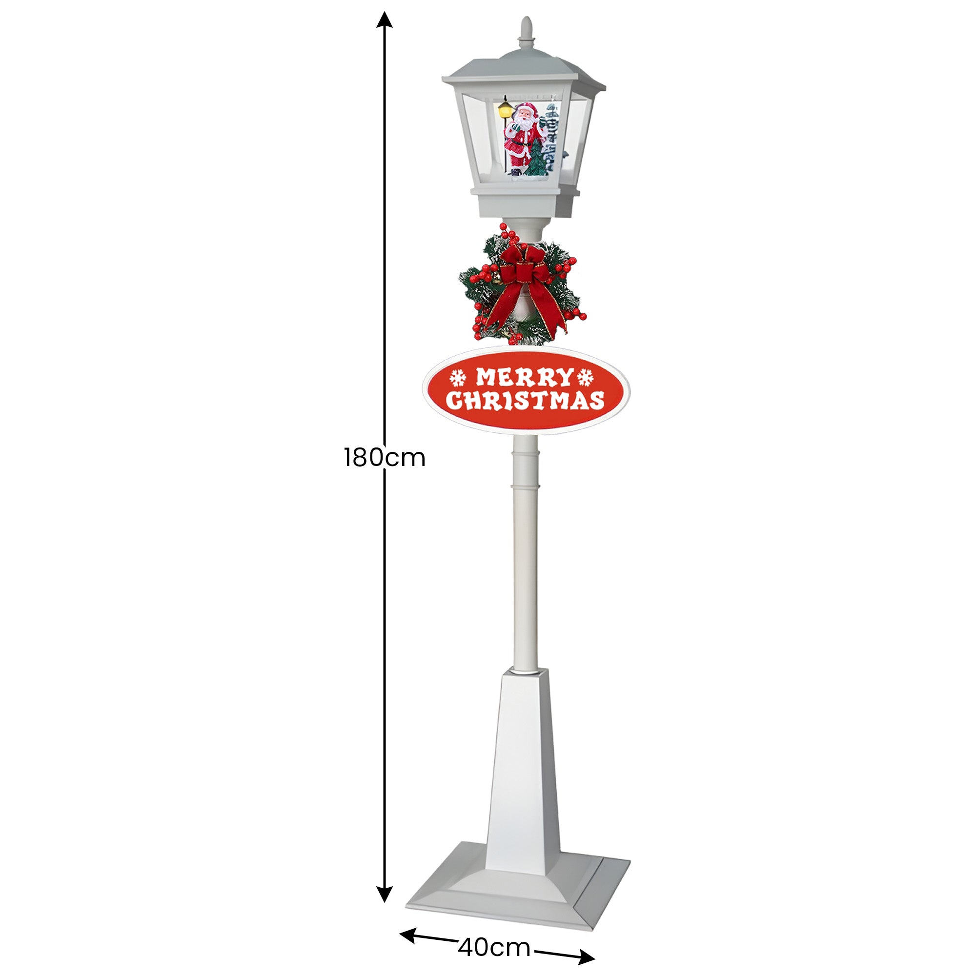 Christmas Lamp Post with Snow, Lights & Music- White with Santa 180cm