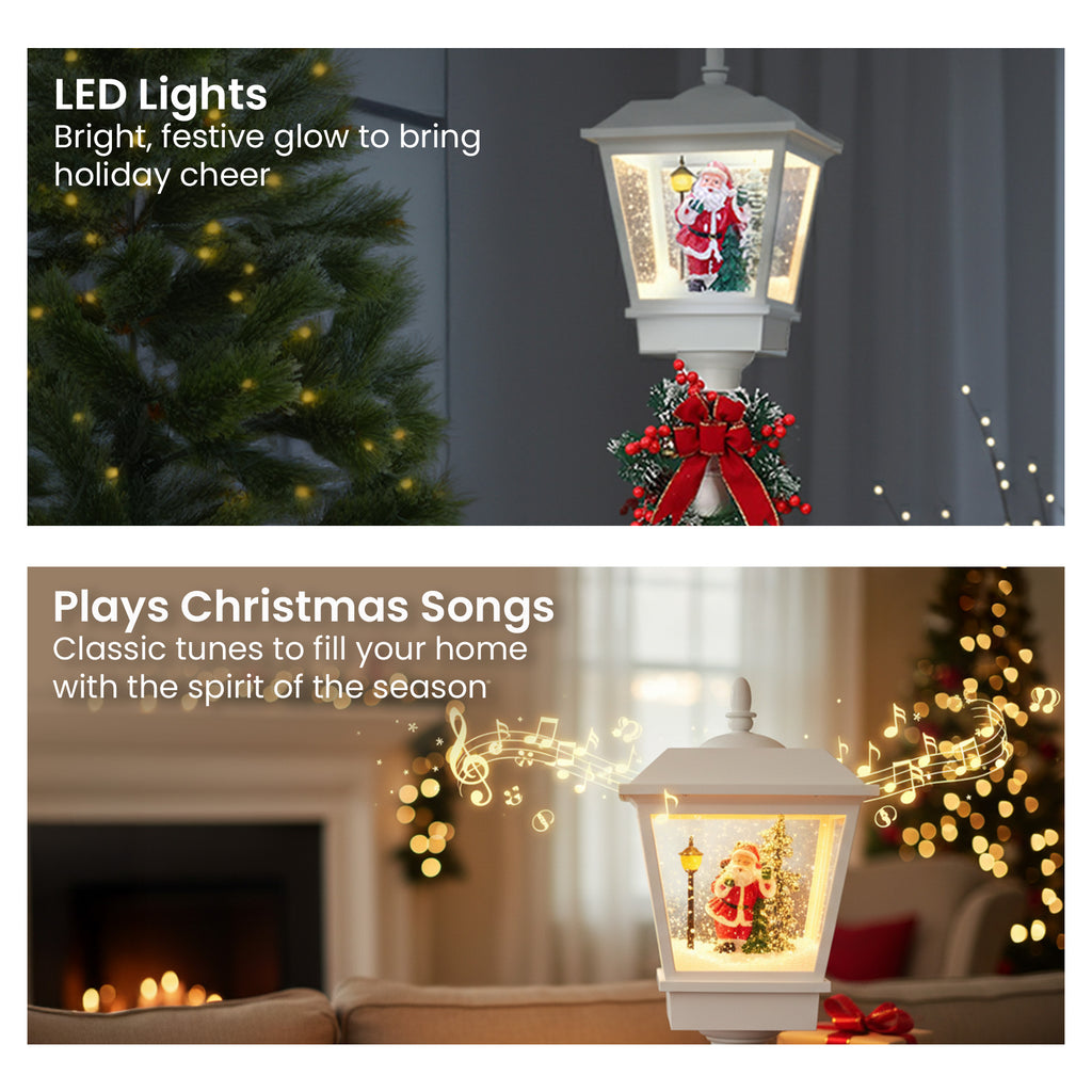 Christmas Lamp Post with Snow, Lights & Music- White with Santa 180cm