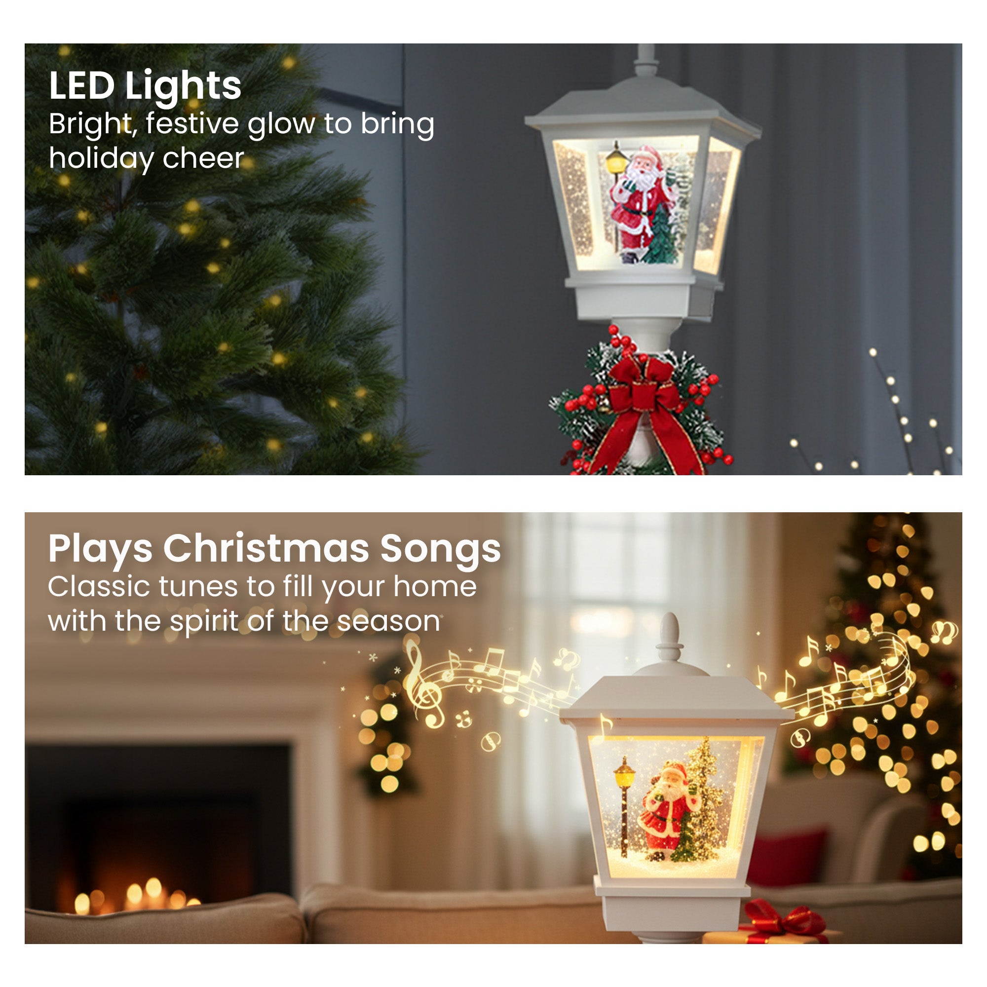 Christmas Lamp Post with Snow, Lights & Music- White with Santa 180cm