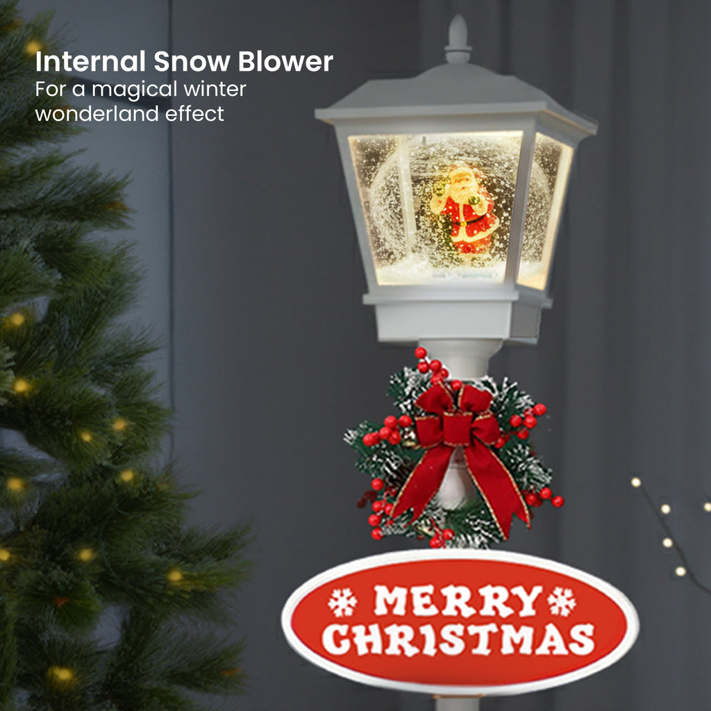 Christmas Lamp Post with Snow, Lights & Music- White with Santa 180cm