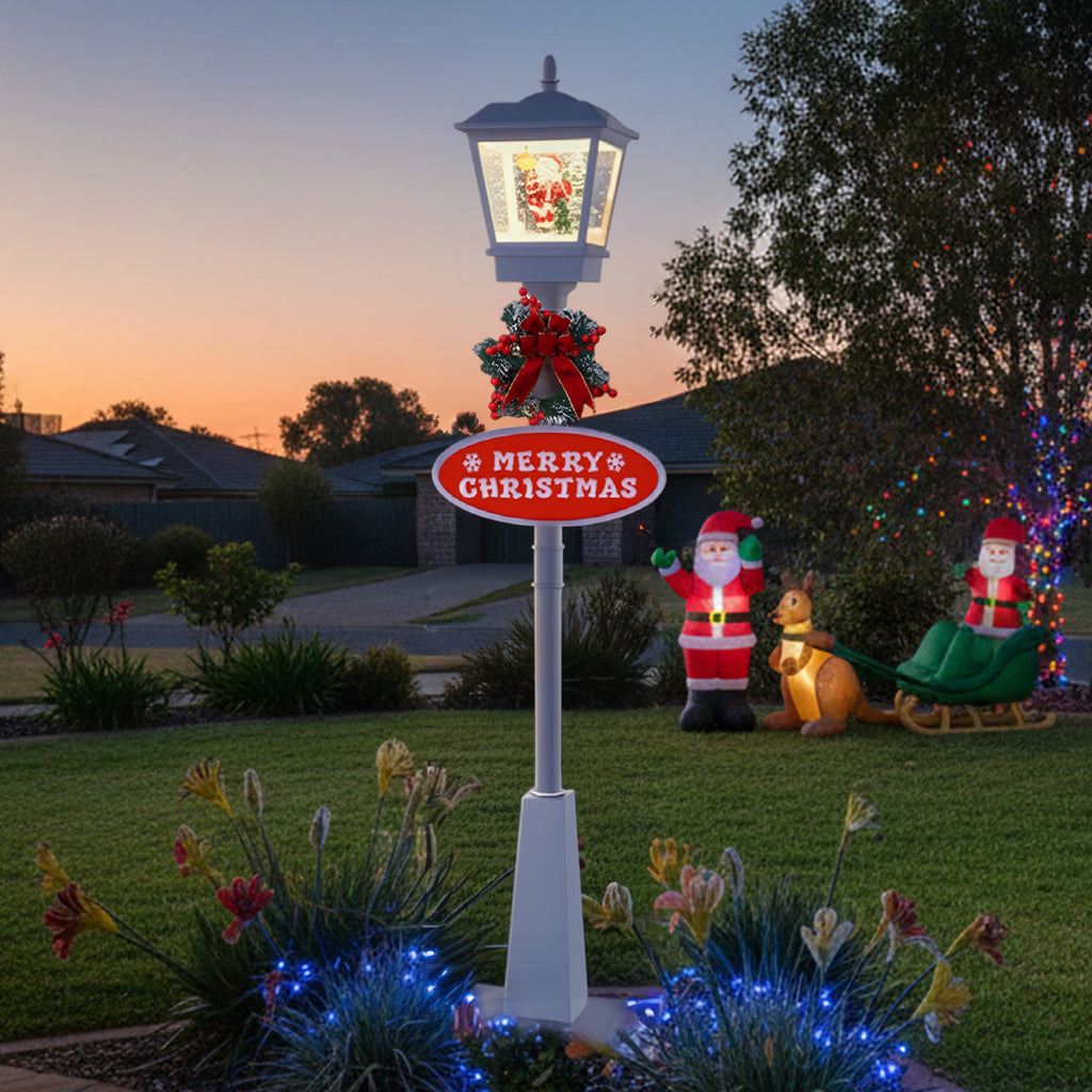 Christmas Lamp Post with Snow, Lights & Music- White with Santa 180cm