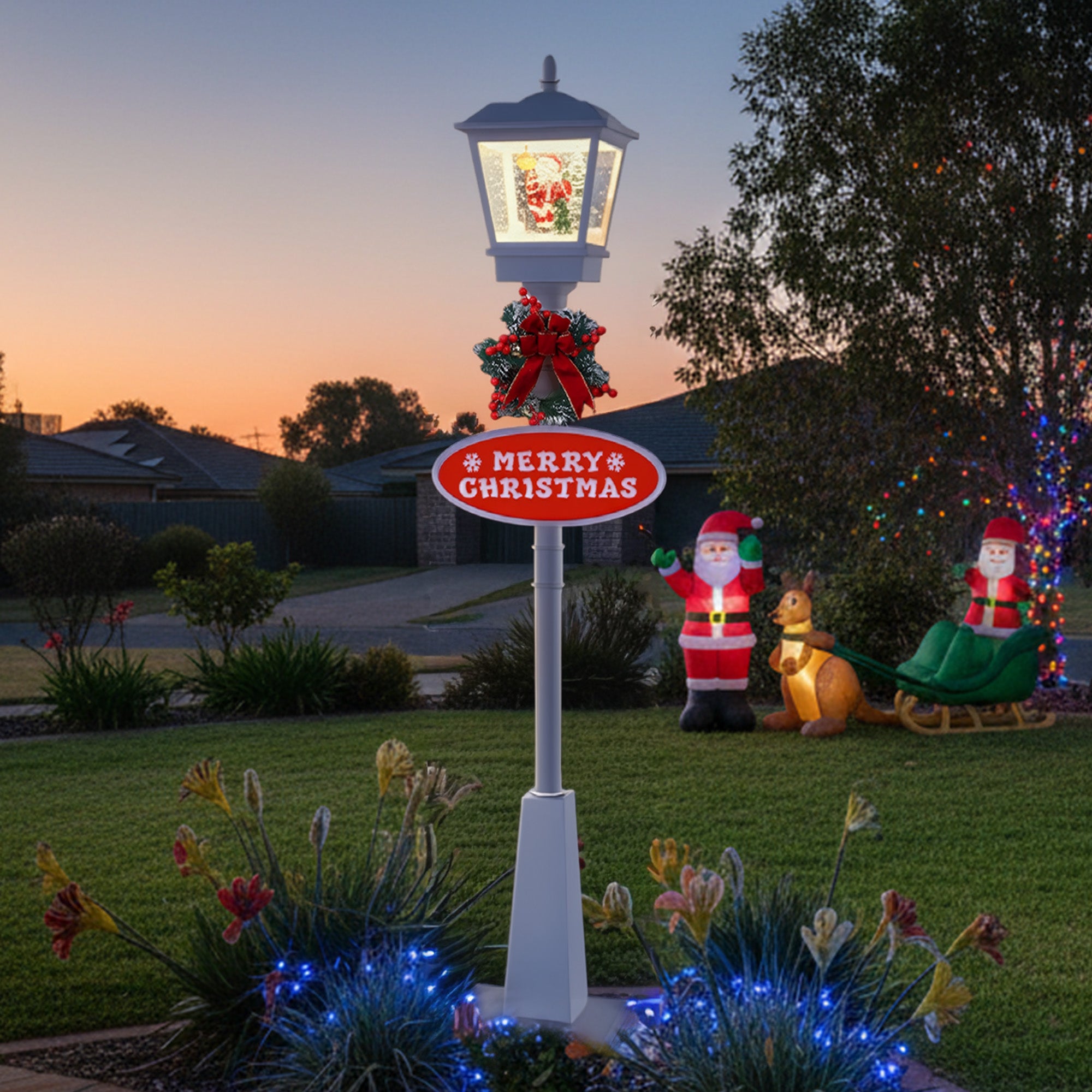Christmas Lamp Post with Snow, Lights & Music- White with Santa 180cm
