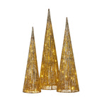 Christabelle Pre-Lit Gold Cone Christmas Trees Set of 3 Warm White LED Lights Outdoor Adaptor Varying Heights Indoor Outdoor Holiday Dcor