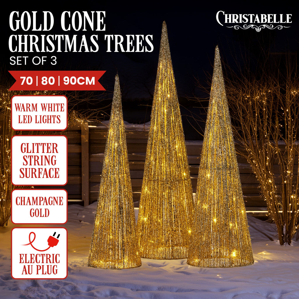 Christabelle Pre-Lit Gold Cone Christmas Trees Set of 3 Warm White LED Lights Outdoor Adaptor Varying Heights Indoor Outdoor Holiday Dcor