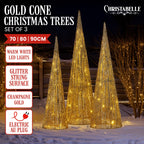 Christabelle Pre-Lit Gold Cone Christmas Trees Set of 3 Warm White LED Lights Outdoor Adaptor Varying Heights Indoor Outdoor Holiday Dcor