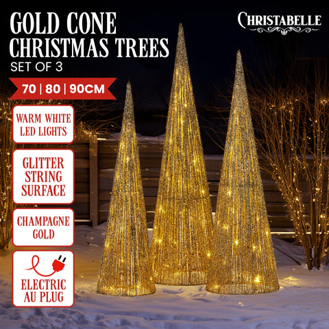 Christabelle Pre-Lit Gold Cone Christmas Trees Set of 3 Warm White LED Lights Outdoor Adaptor Varying Heights Indoor Outdoor Holiday Dcor