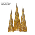 Christabelle Pre-Lit Gold Cone Christmas Trees Set of 3 Warm White LED Lights Outdoor Adaptor Varying Heights Indoor Outdoor Holiday Dcor