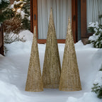 Christabelle Pre-Lit Gold Cone Christmas Trees Set of 3 Warm White LED Lights Outdoor Adaptor Varying Heights Indoor Outdoor Holiday Dcor