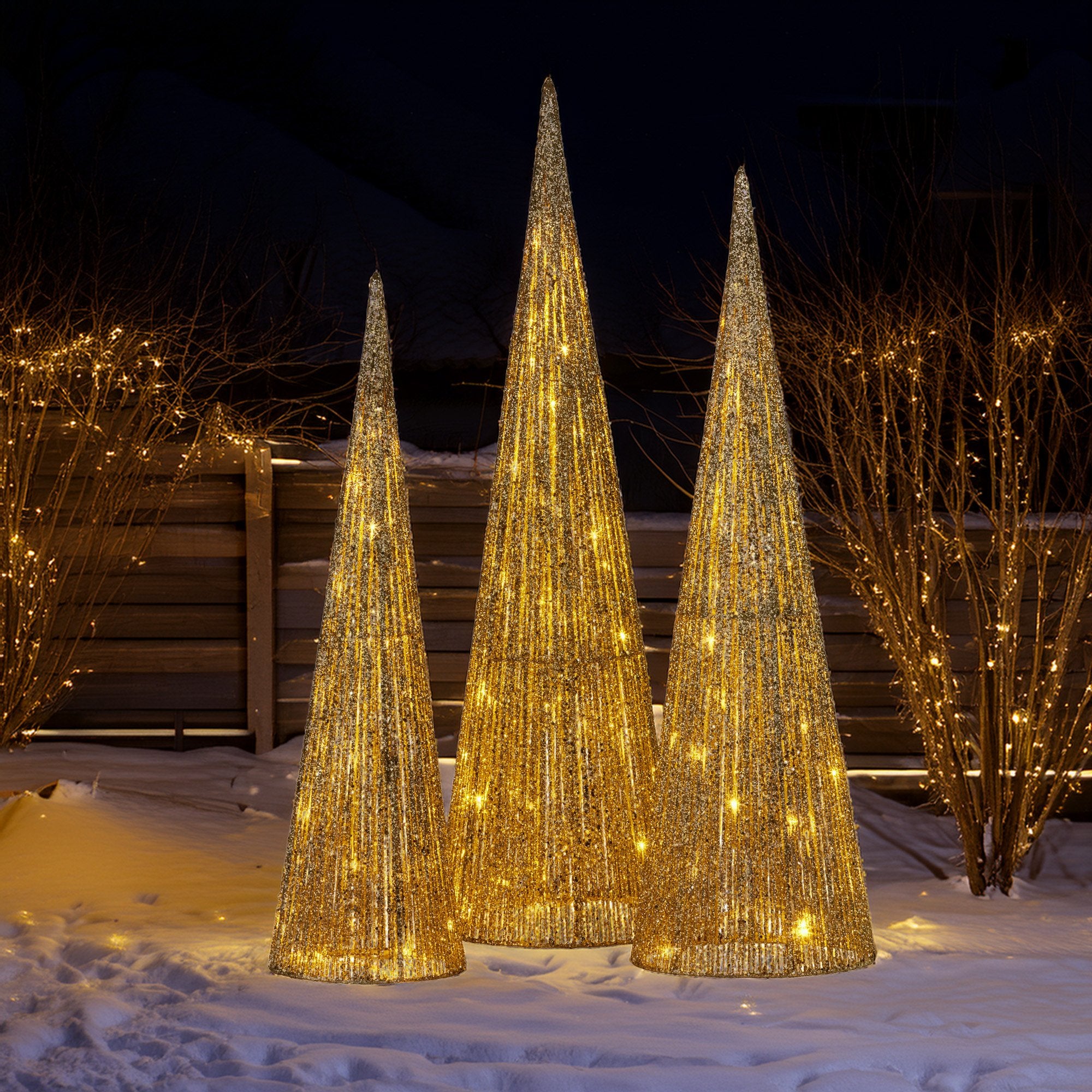 Christabelle Pre-Lit Gold Cone Christmas Trees Set of 3 Warm White LED Lights Outdoor Adaptor Varying Heights Indoor Outdoor Holiday Dcor