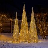 Christabelle Pre-Lit Gold Cone Christmas Trees Set of 3 Warm White LED Lights Outdoor Adaptor Varying Heights Indoor Outdoor Holiday Dcor