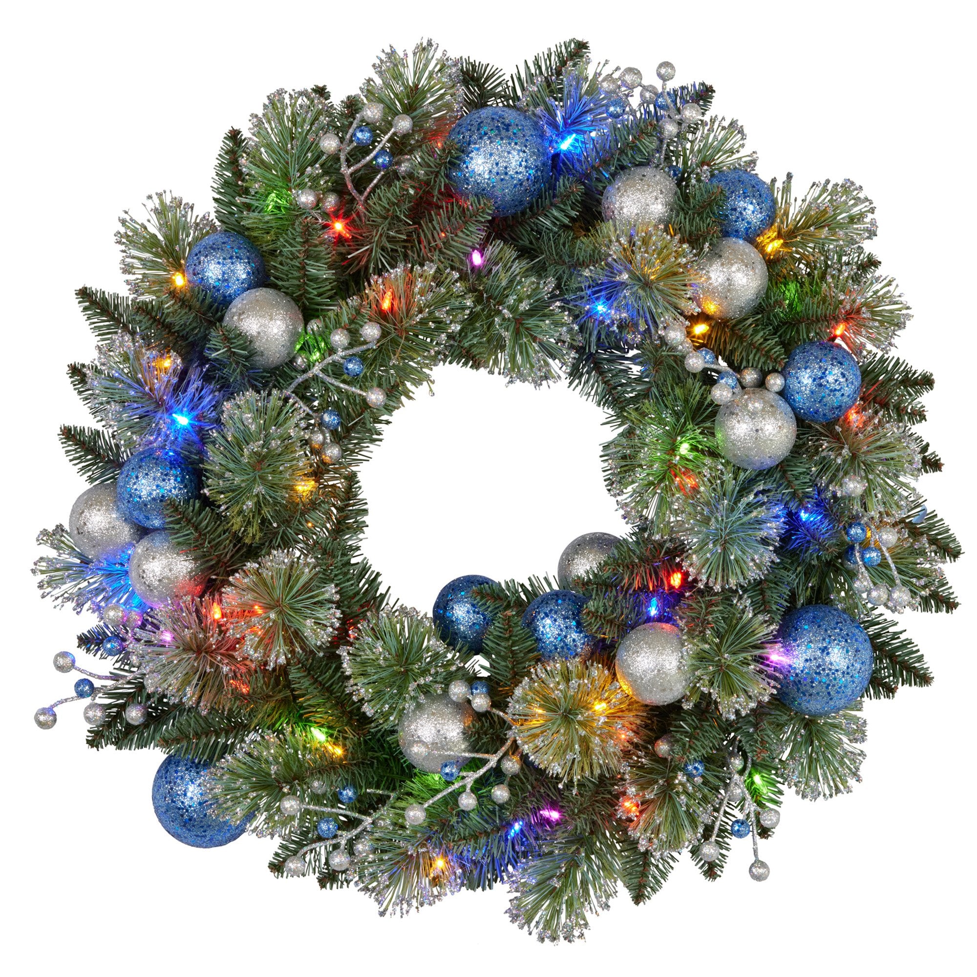 Christabelle 61cm Christmas Wreath Blue Silver Baubles Multicolour LED Lights Front Door Decoration Ornament
