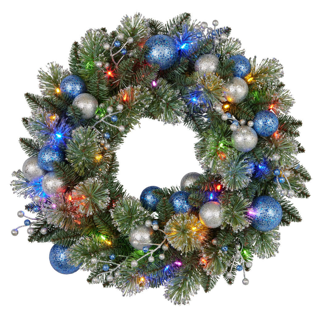 Christabelle 61cm Christmas Wreath Blue Silver Baubles Multicolour LED Lights Front Door Decoration Ornament