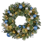 Christabelle 61cm Christmas Wreath Blue Silver Baubles Multicolour LED Lights Front Door Decoration Ornament