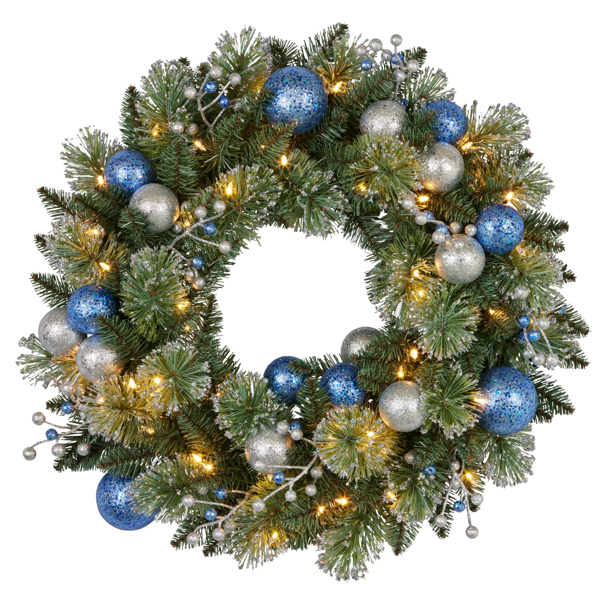 Christabelle 61cm Christmas Wreath Blue Silver Baubles Multicolour LED Lights Front Door Decoration Ornament
