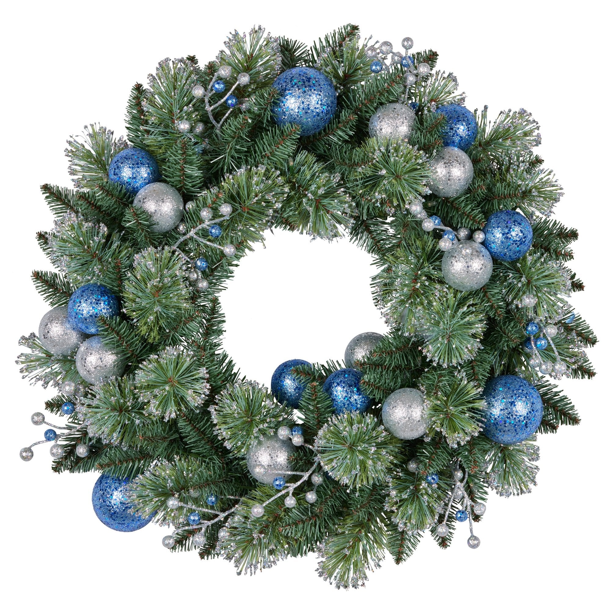 Christabelle 61cm Christmas Wreath Blue Silver Baubles Multicolour LED Lights Front Door Decoration Ornament