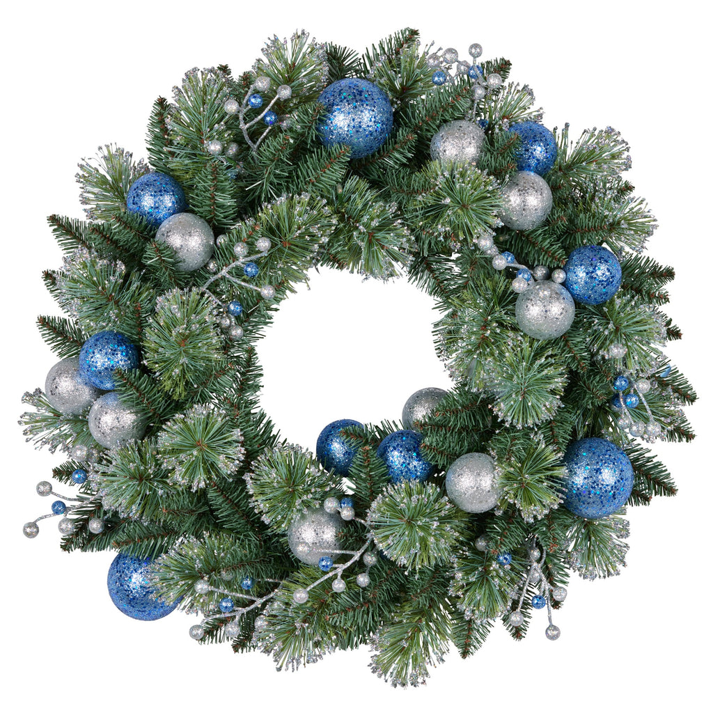Christabelle 61cm Christmas Wreath Blue Silver Baubles Multicolour LED Lights Front Door Decoration Ornament