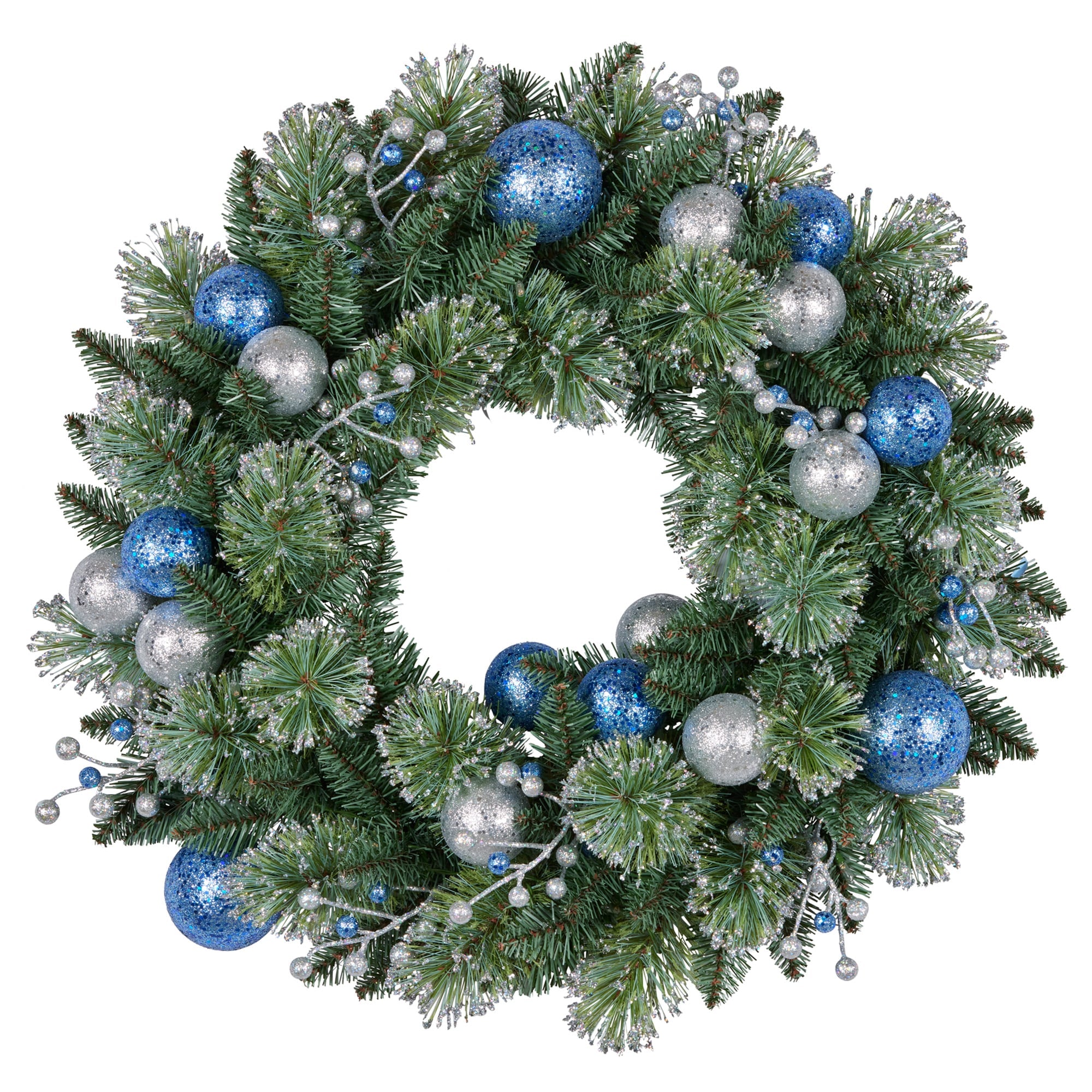 Christabelle 61cm Christmas Wreath Blue Silver Baubles Multicolour LED Lights Front Door Decoration Ornament