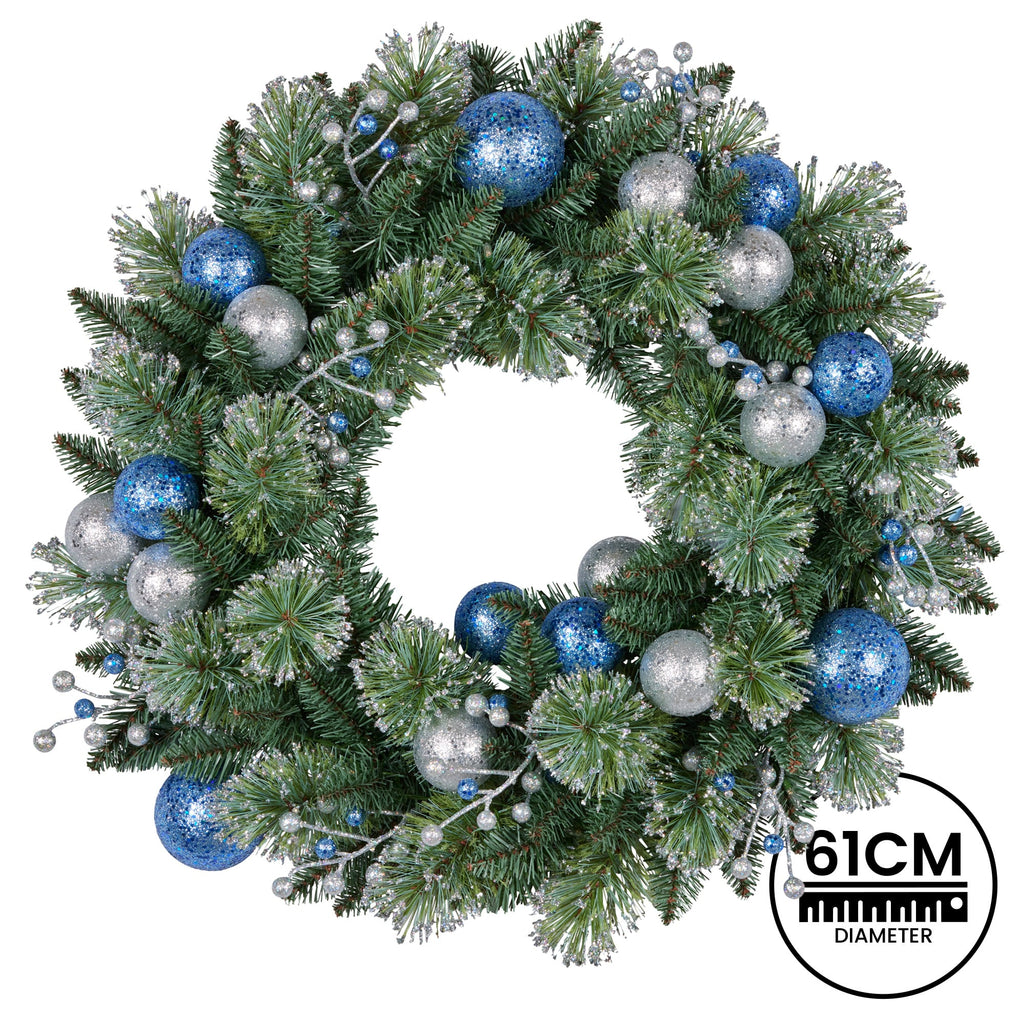 Christabelle 61cm Christmas Wreath Blue Silver Baubles Multicolour LED Lights Front Door Decoration Ornament