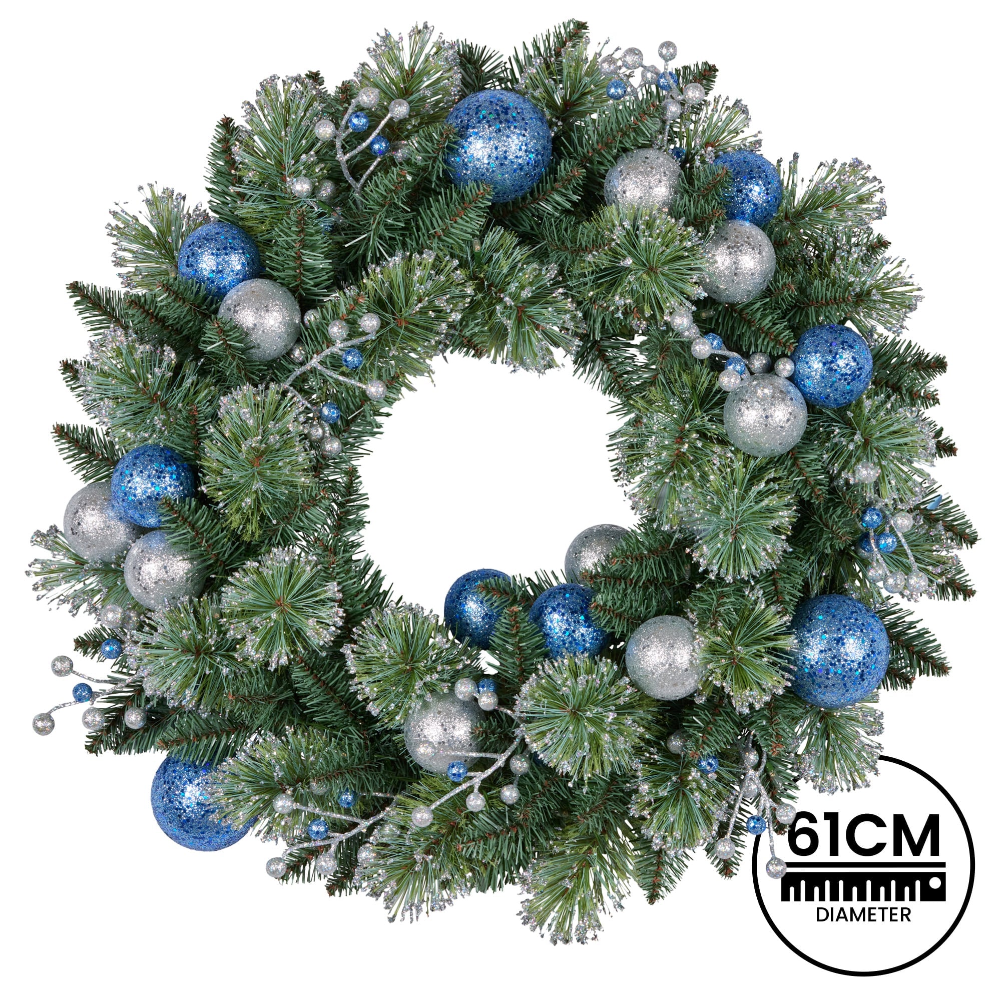 Christabelle 61cm Christmas Wreath Blue Silver Baubles Multicolour LED Lights Front Door Decoration Ornament