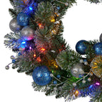 Christabelle 61cm Christmas Wreath Blue Silver Baubles Multicolour LED Lights Front Door Decoration Ornament