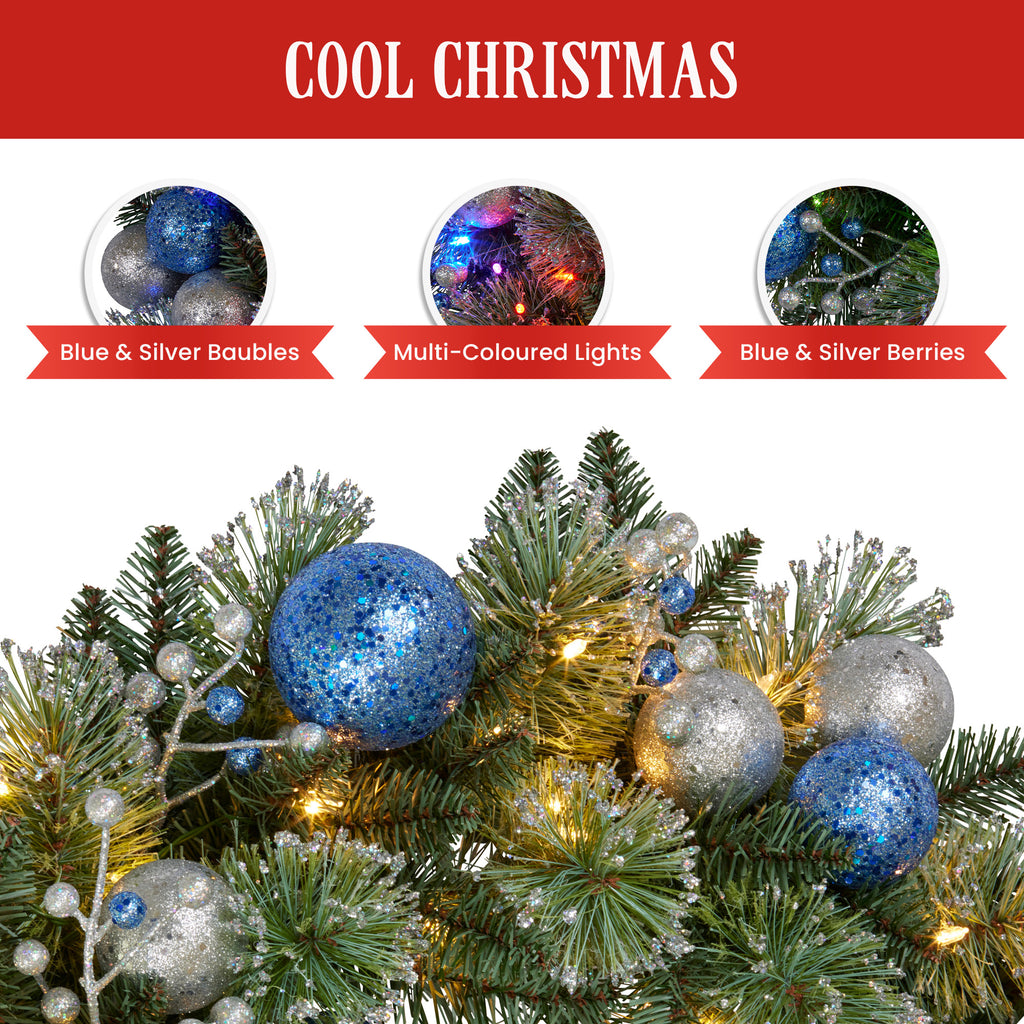 Christabelle 61cm Christmas Wreath Blue Silver Baubles Multicolour LED Lights Front Door Decoration Ornament