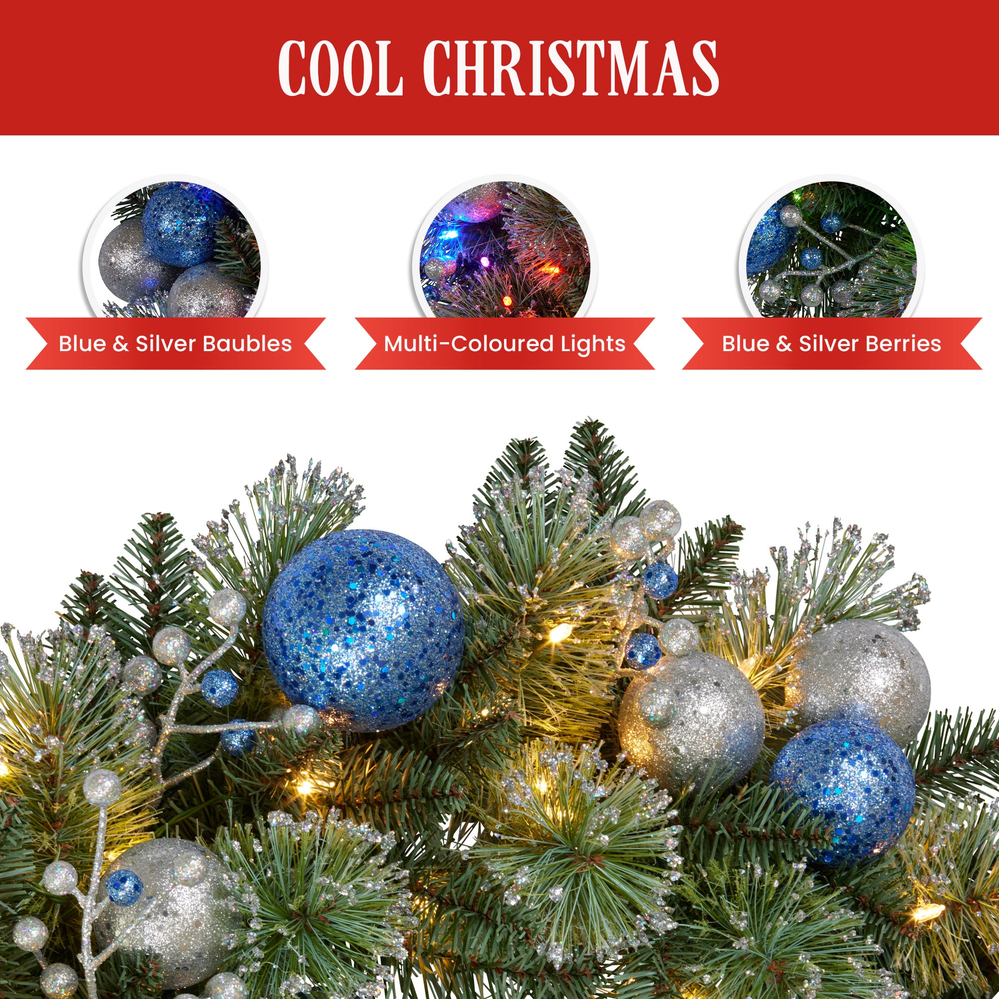 Christabelle 61cm Christmas Wreath Blue Silver Baubles Multicolour LED Lights Front Door Decoration Ornament