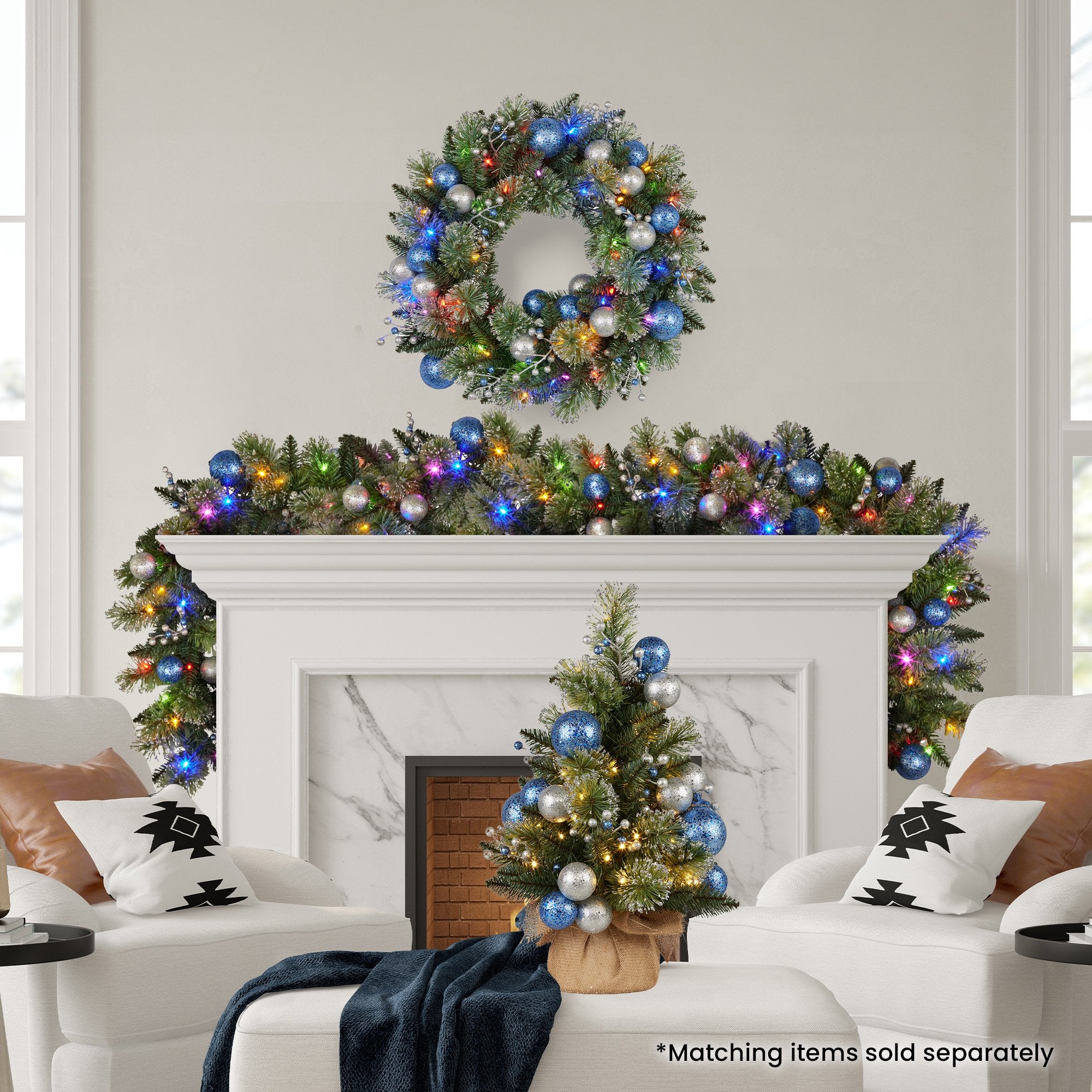 Christabelle 61cm Christmas Wreath Blue Silver Baubles Multicolour LED Lights Front Door Decoration Ornament