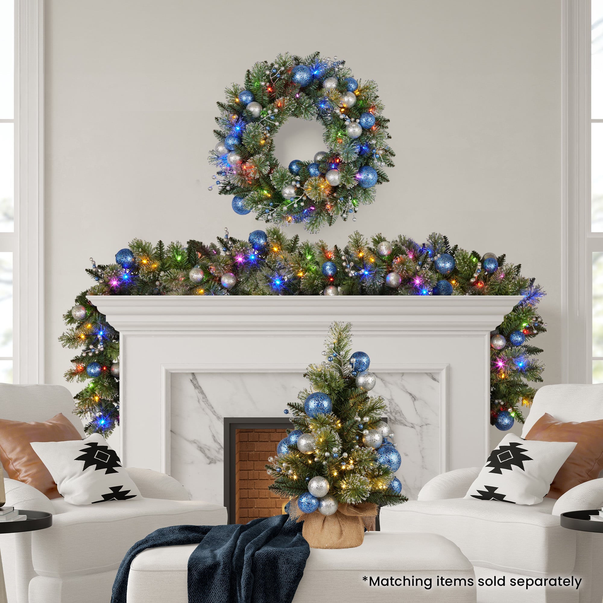 Christabelle 61cm Christmas Wreath Blue Silver Baubles Multicolour LED Lights Front Door Decoration Ornament