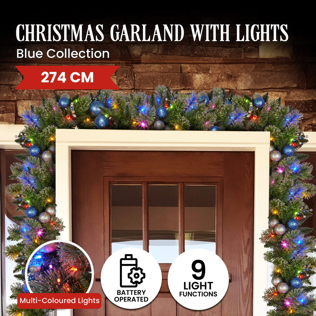 274cm Blue Collection Multicolour Pre-Lit Christmas Garland