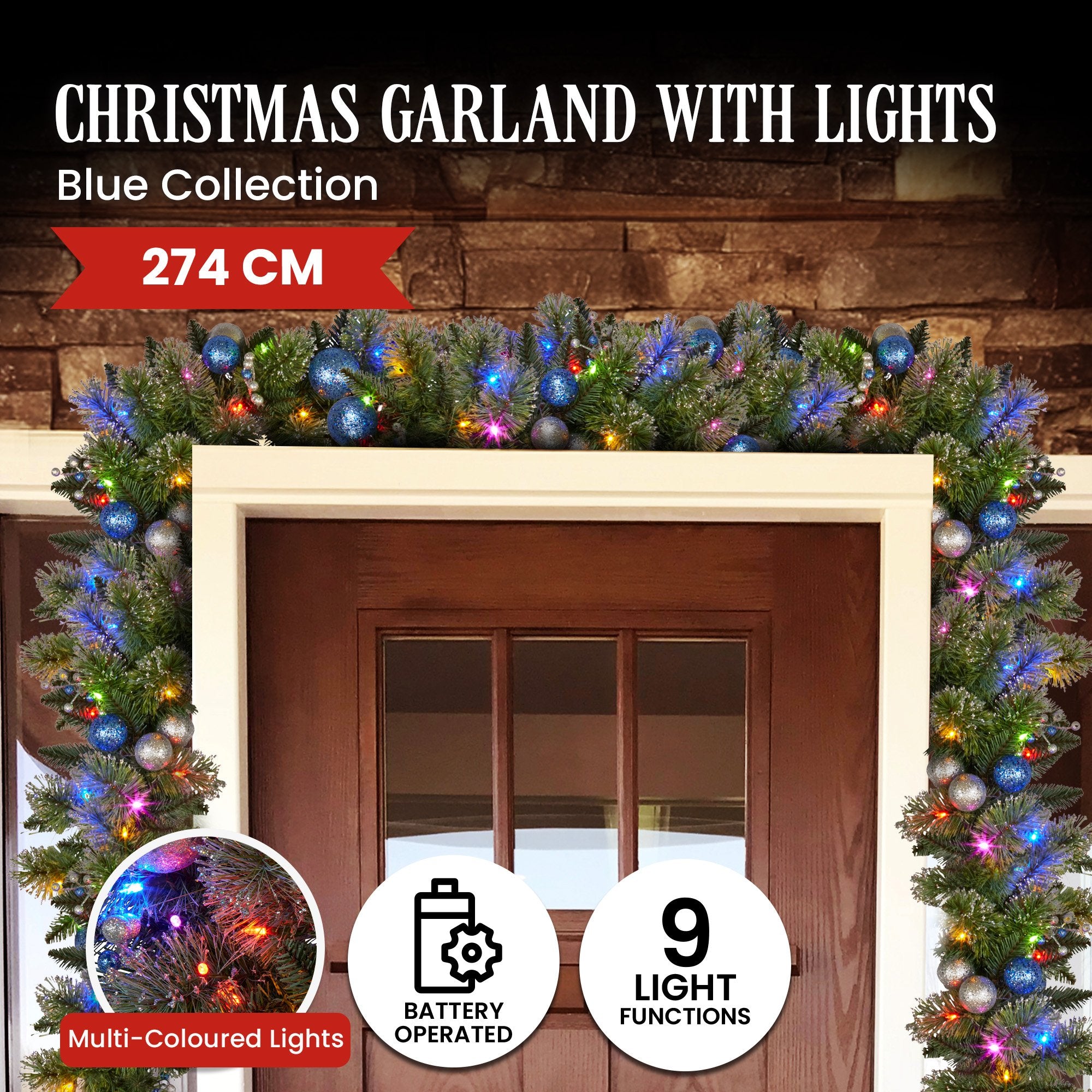 274cm Blue Collection Multicolour Pre-Lit Christmas Garland