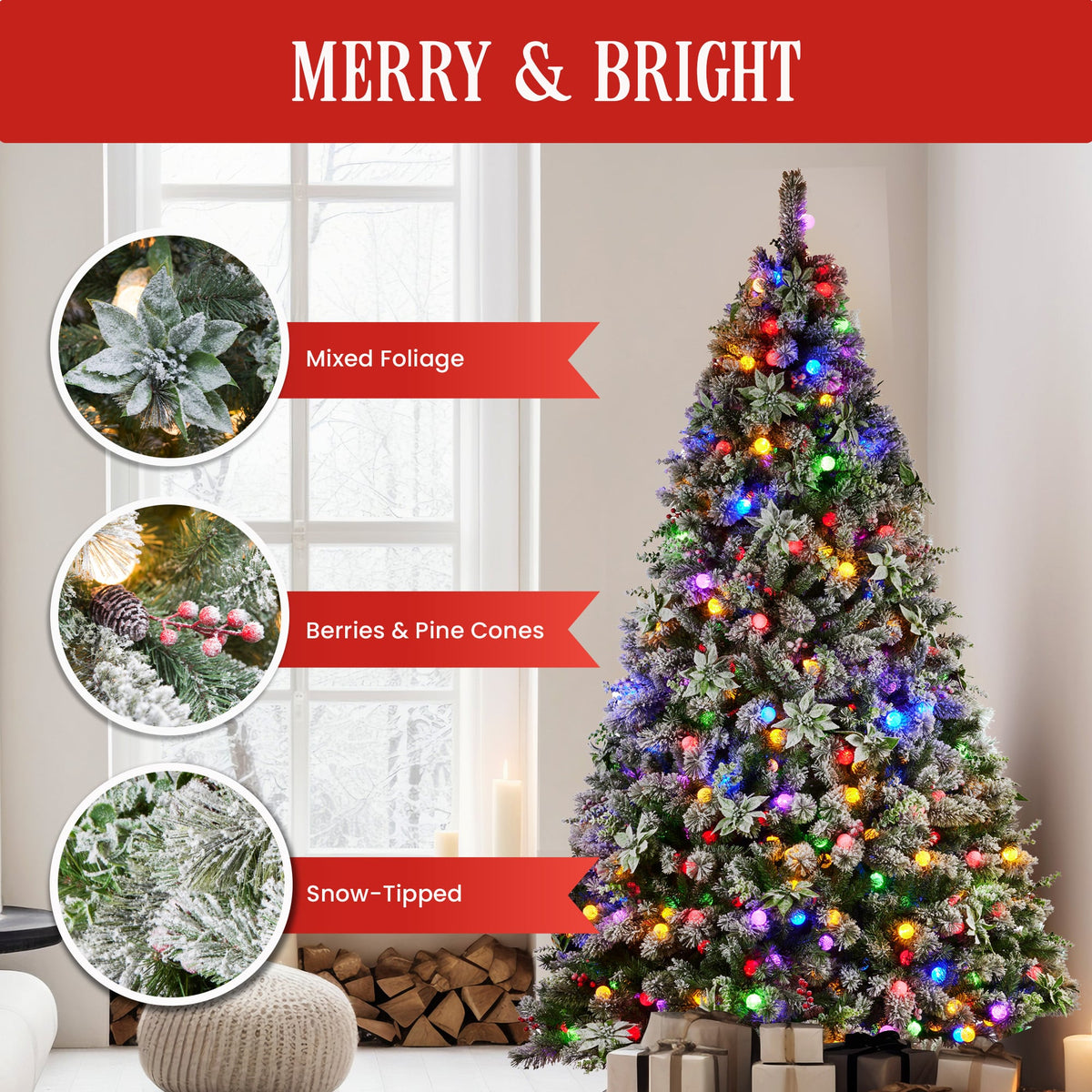 Christabelle Snowy Crown Pine 2.3m Multicolour Pre-Lit Christmas Tree with 1453 Tips
