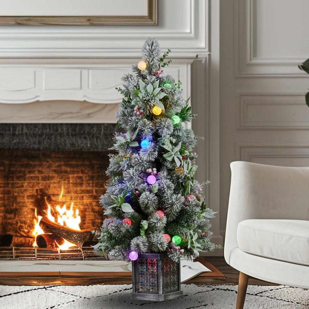 Snowy Crown Pine Potted Christmas Tree 1.2m Multicolour Pre-Lit with Snowball Lights