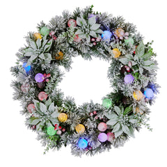 Christabelle Stunning 61cm Snowy Christmas Wreath with LED Lights Crown Pine Baubles Front Door Decoration Ornament