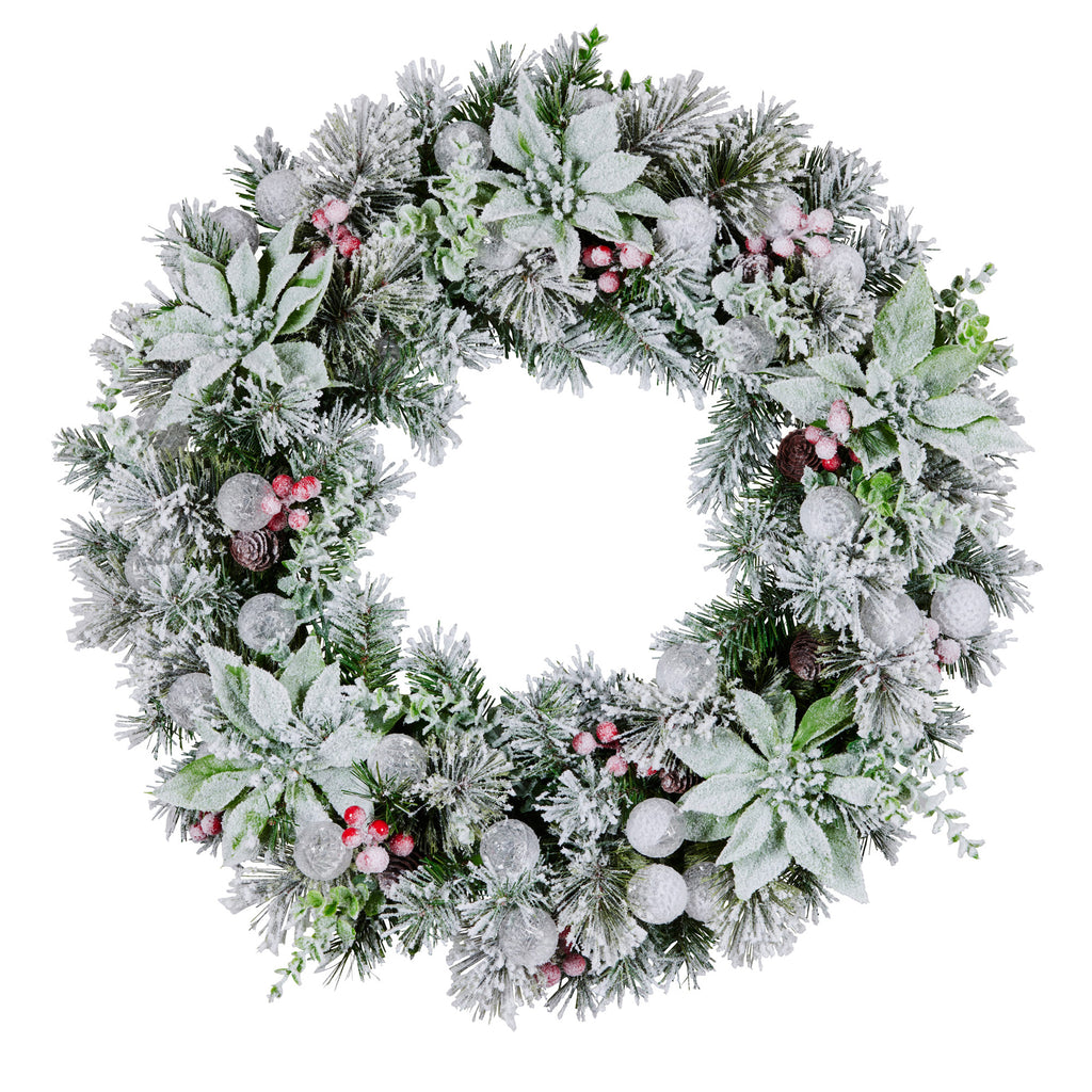 Christabelle Stunning 61cm Snowy Christmas Wreath with LED Lights Crown Pine Pre-Lit Baubles Front Door Decoration Ornament