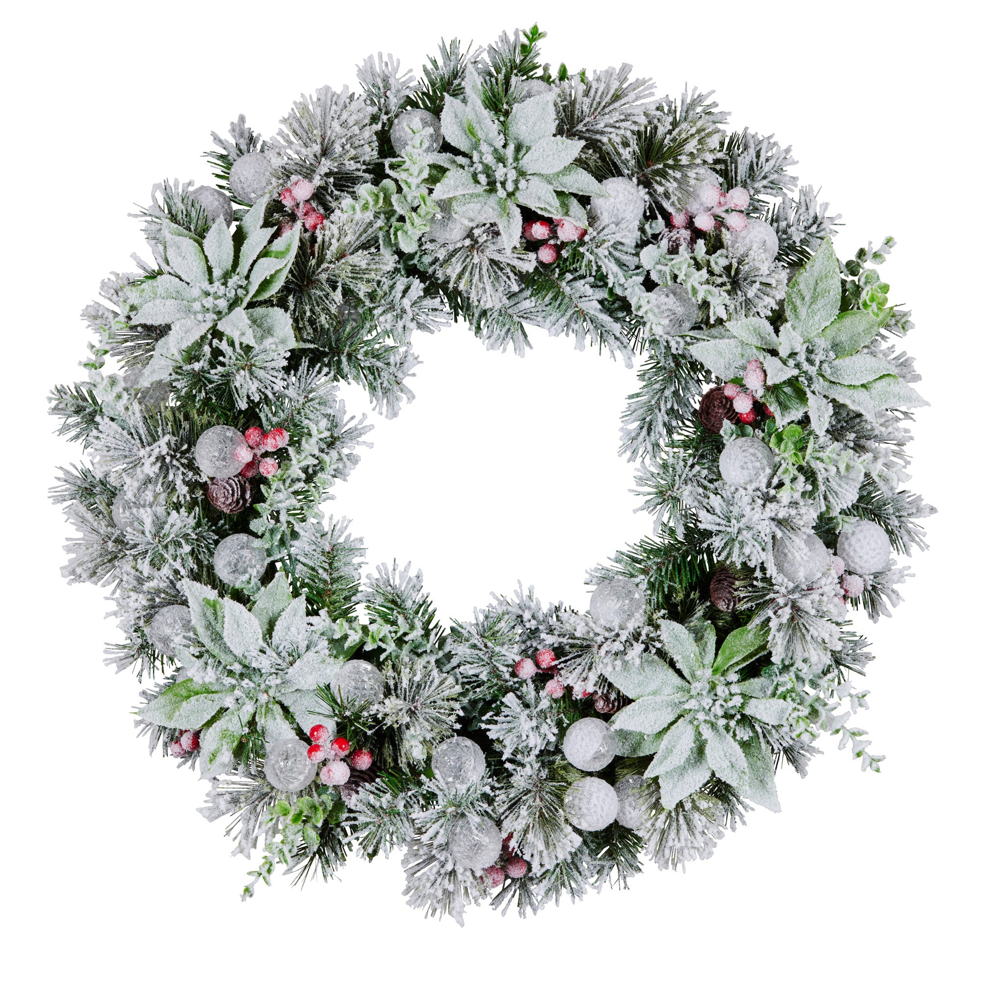 Christabelle Stunning 61cm Snowy Christmas Wreath with LED Lights Crown Pine Pre-Lit Baubles Front Door Decoration Ornament