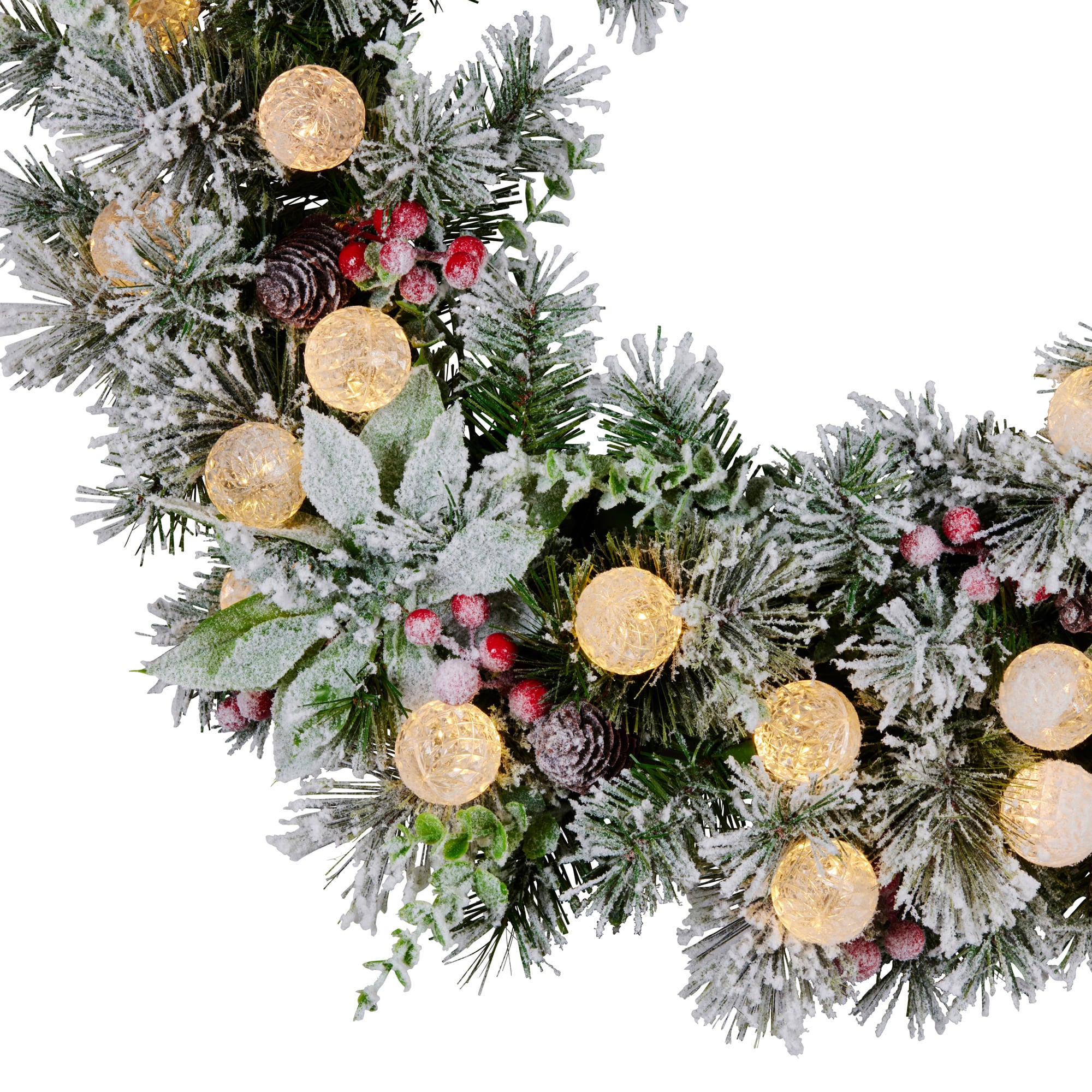 Christabelle Stunning 61cm Snowy Christmas Wreath with LED Lights Crown Pine Pre-Lit Baubles Front Door Decoration Ornament