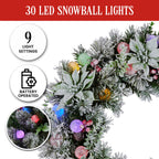 Christabelle Stunning 61cm Snowy Christmas Wreath with LED Lights Crown Pine Pre-Lit Baubles Front Door Decoration Ornament