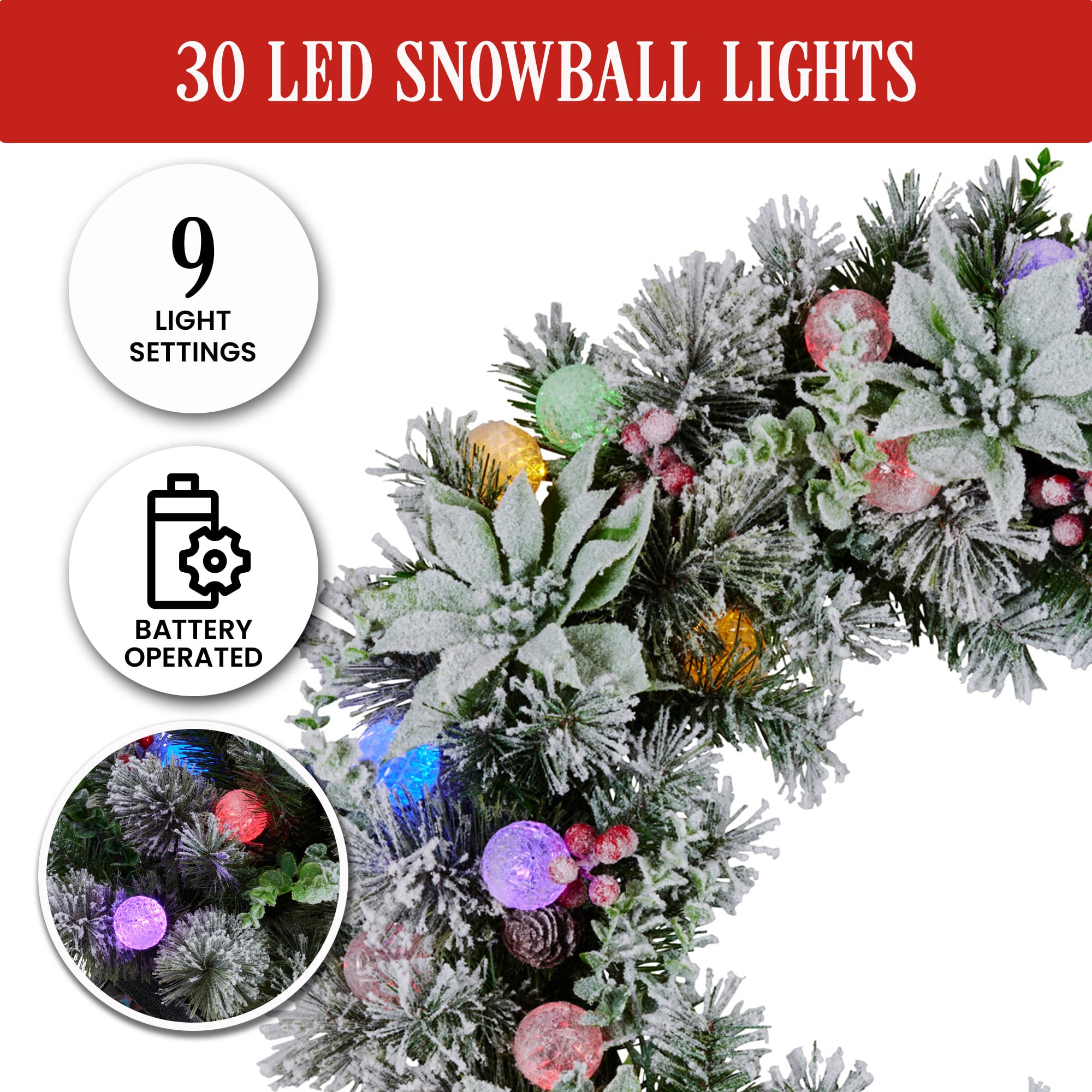 Christabelle Stunning 61cm Snowy Christmas Wreath with LED Lights Crown Pine Pre-Lit Baubles Front Door Decoration Ornament