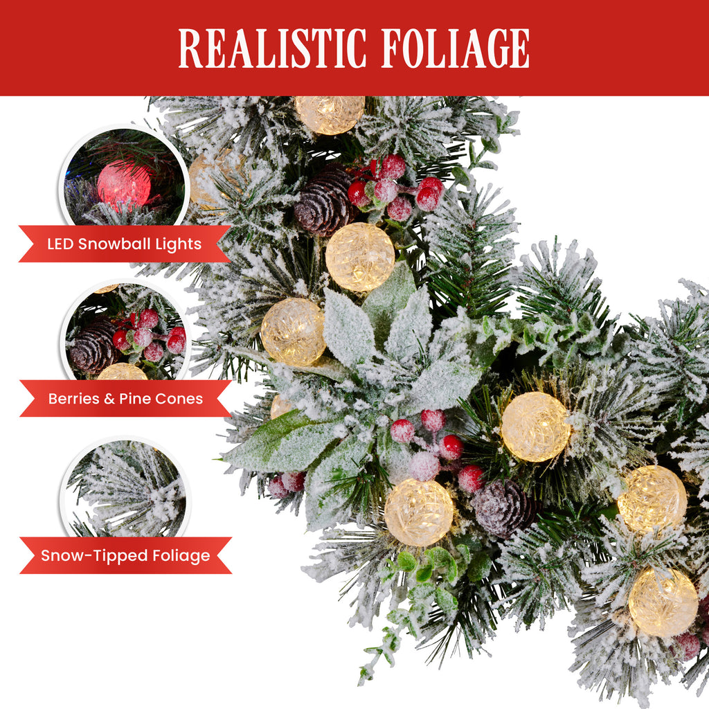 Christabelle Stunning 61cm Snowy Christmas Wreath with LED Lights Crown Pine Pre-Lit Baubles Front Door Decoration Ornament