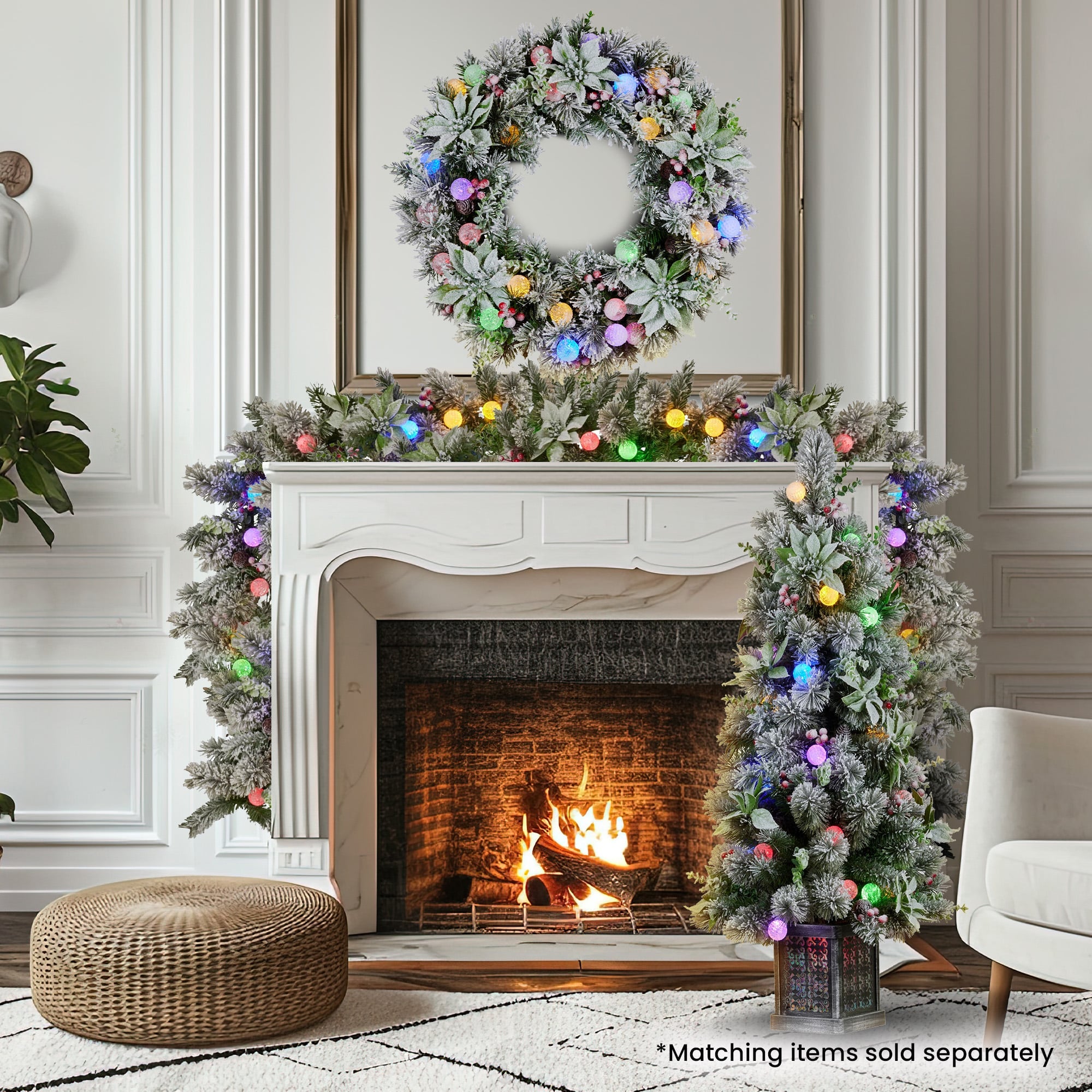 Christabelle Stunning 61cm Snowy Christmas Wreath with LED Lights Crown Pine Pre-Lit Baubles Front Door Decoration Ornament