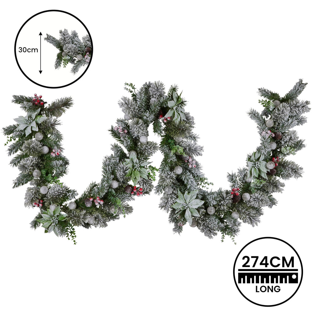 Christabelle 2.7m Snowy Christmas Garland with LED Coloured Baubles Lights Tree Decoration Ornament