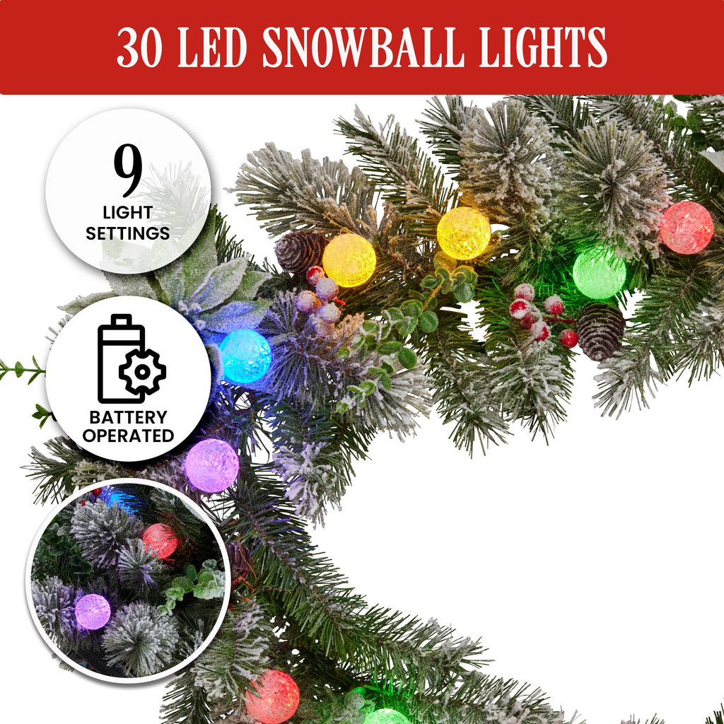 Christabelle 2.7m Snowy Christmas Garland with LED Coloured Baubles Lights Tree Decoration Ornament