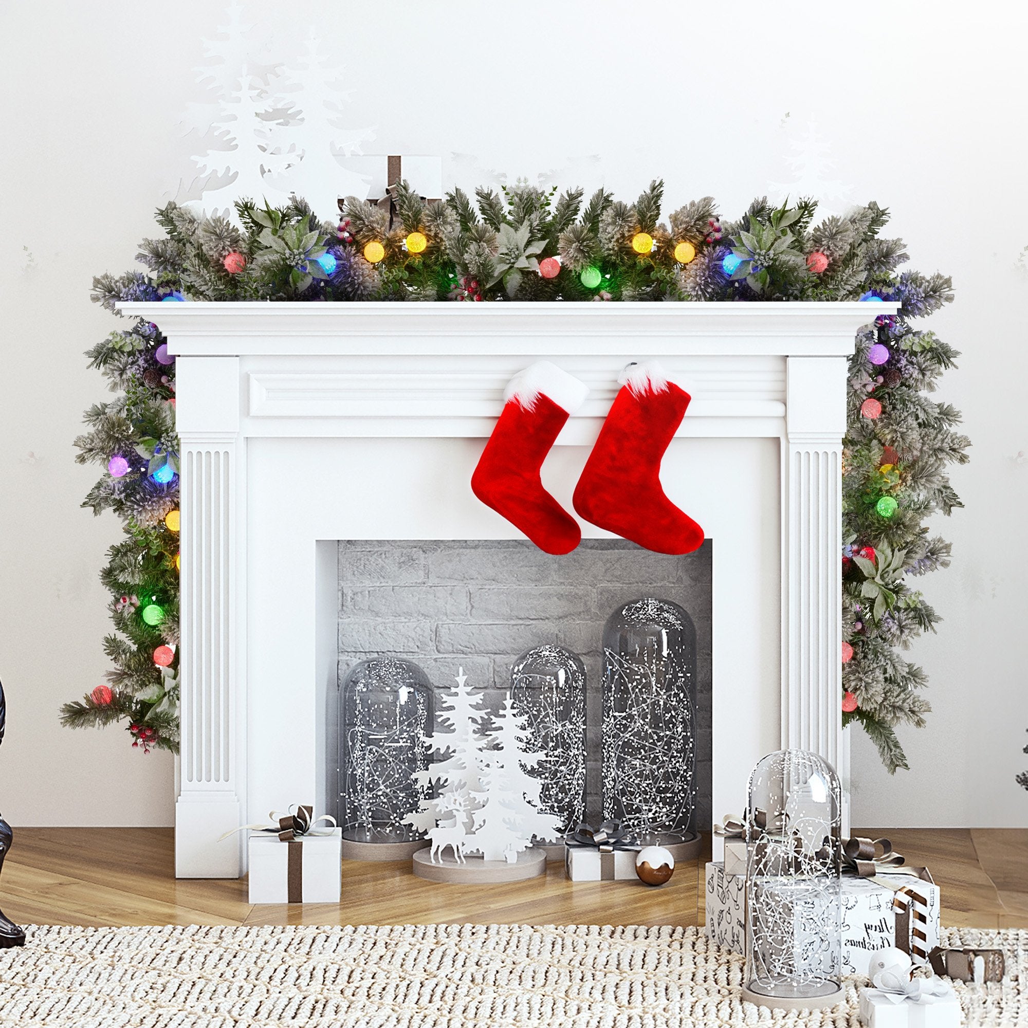 Christabelle 2.7m Snowy Christmas Garland with LED Coloured Baubles Lights Tree Decoration Ornament
