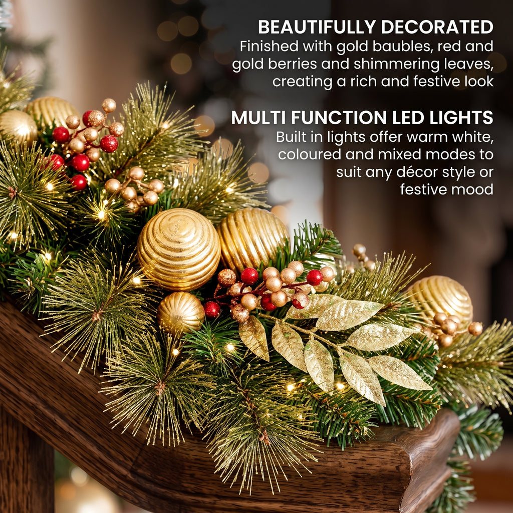 Christabelle 2.74m Deluxe Mountain Pine Christmas Garland Pre Lit Multi Function LED Timer Indoor Festive Holiday Decor