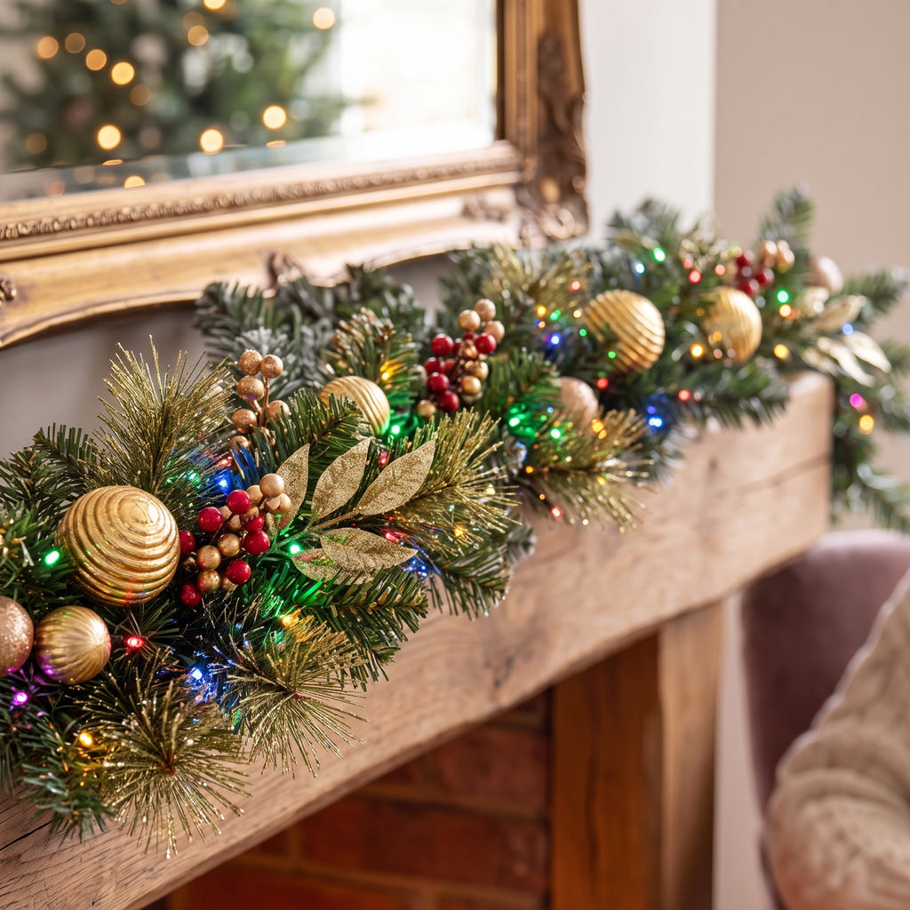 Christabelle 2.74m Deluxe Mountain Pine Christmas Garland Pre Lit Multi Function LED Timer Indoor Festive Holiday Decor