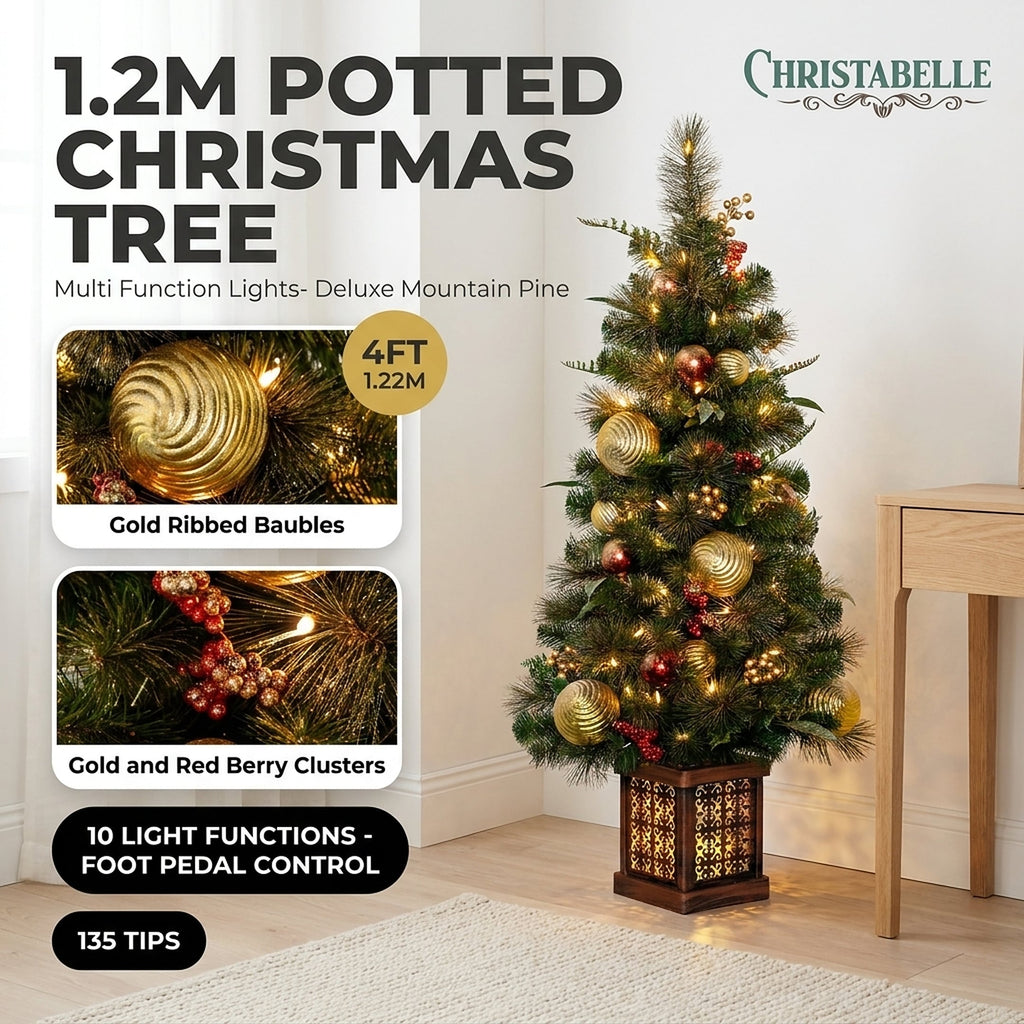 Christabelle 1.2m 4ft Deluxe Mountain Pine Potted Christmas Tree Pre Lit Multi Function LED Artificial Indoor Xmas Decor
