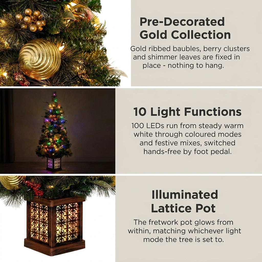 Christabelle 1.2m 4ft Deluxe Mountain Pine Potted Christmas Tree Pre Lit Multi Function LED Artificial Indoor Xmas Decor